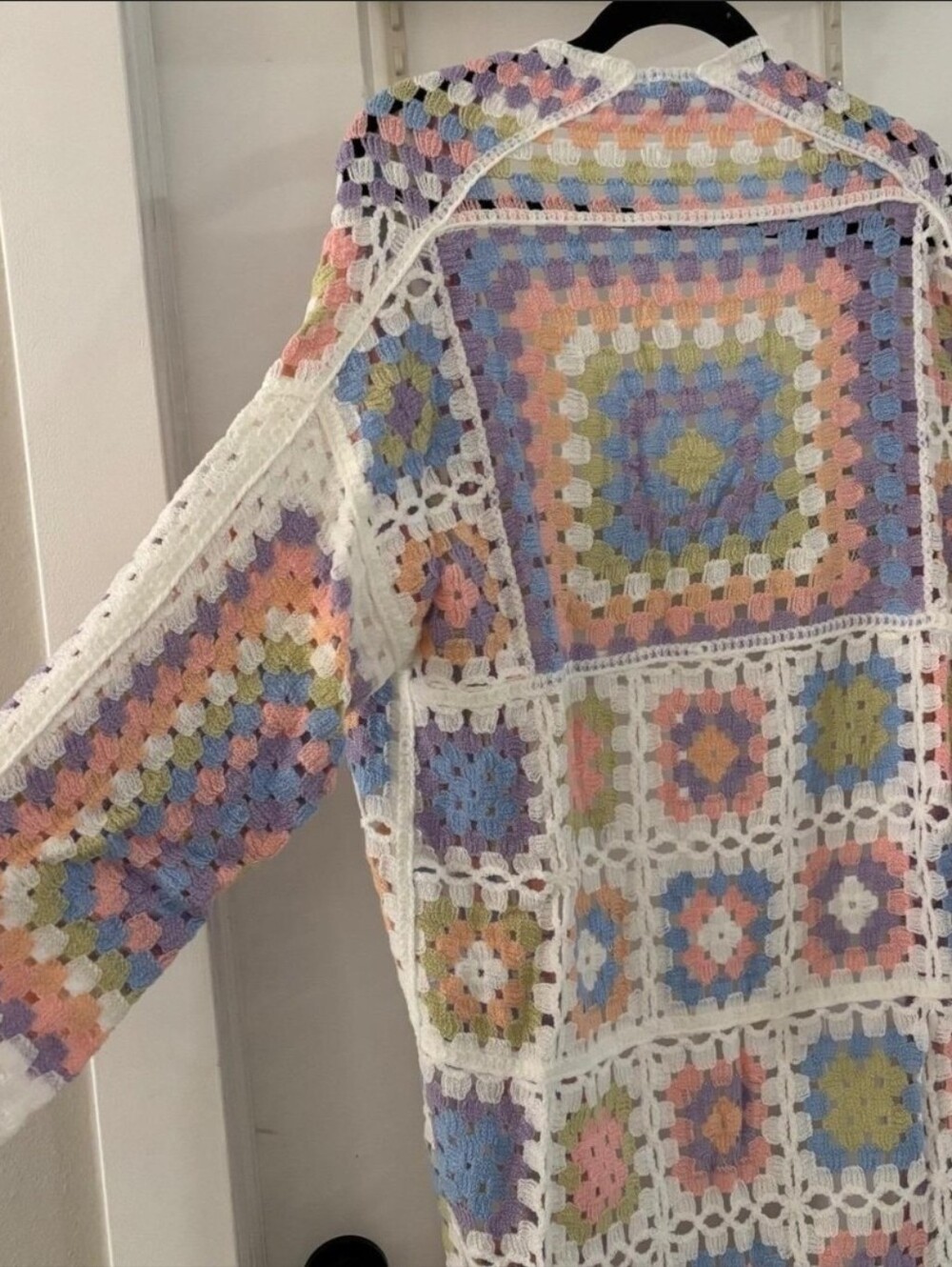 POL NWT Pastel Bohemian White Granny Square Crochet Open-Knit Cardigan Duster S - Picture 9 of 9